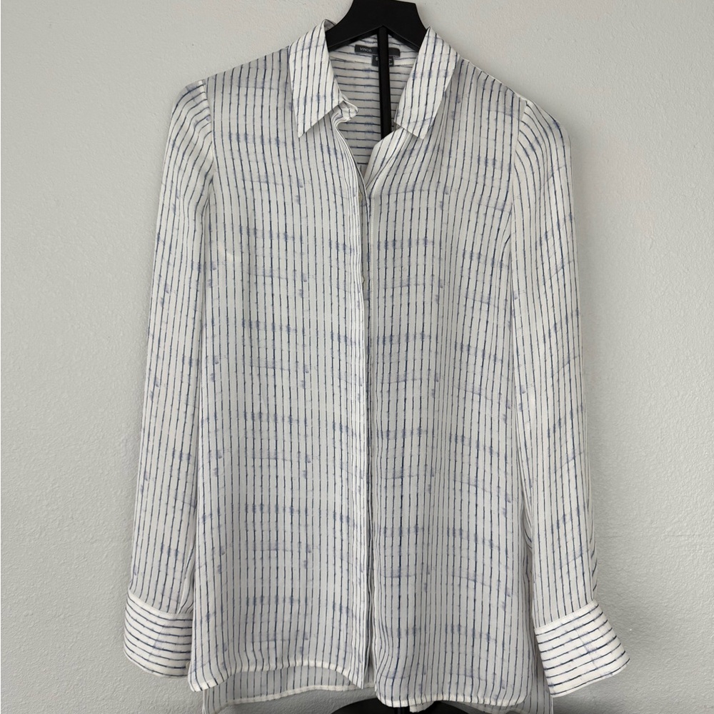 Vince White Blouse with Navy Pinstripes